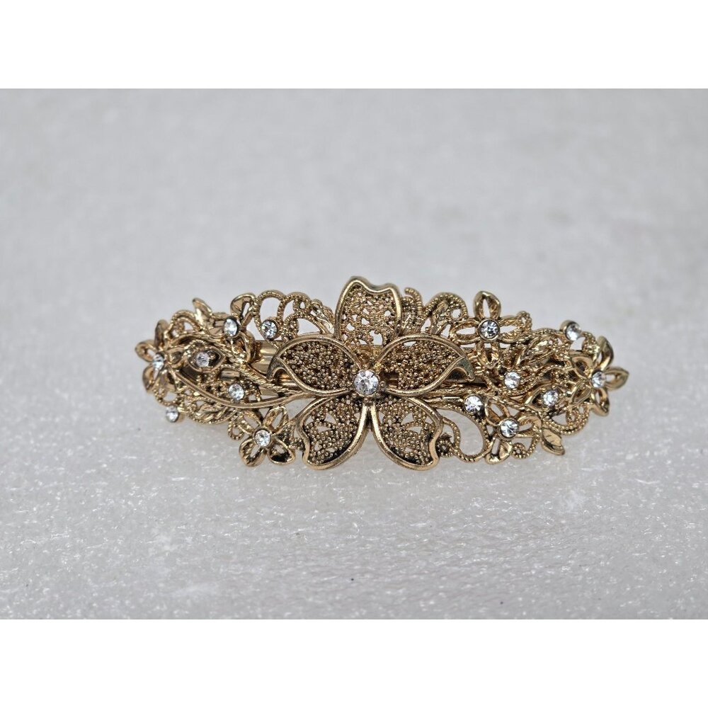 Vintage Gold Tone Floral Rhinestone Hair Barrette Clip
